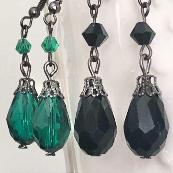 New Dangling Drop Glass Handmade Black Earrings Sparkling Elegant Fancy Classic - Picture 3 of 5